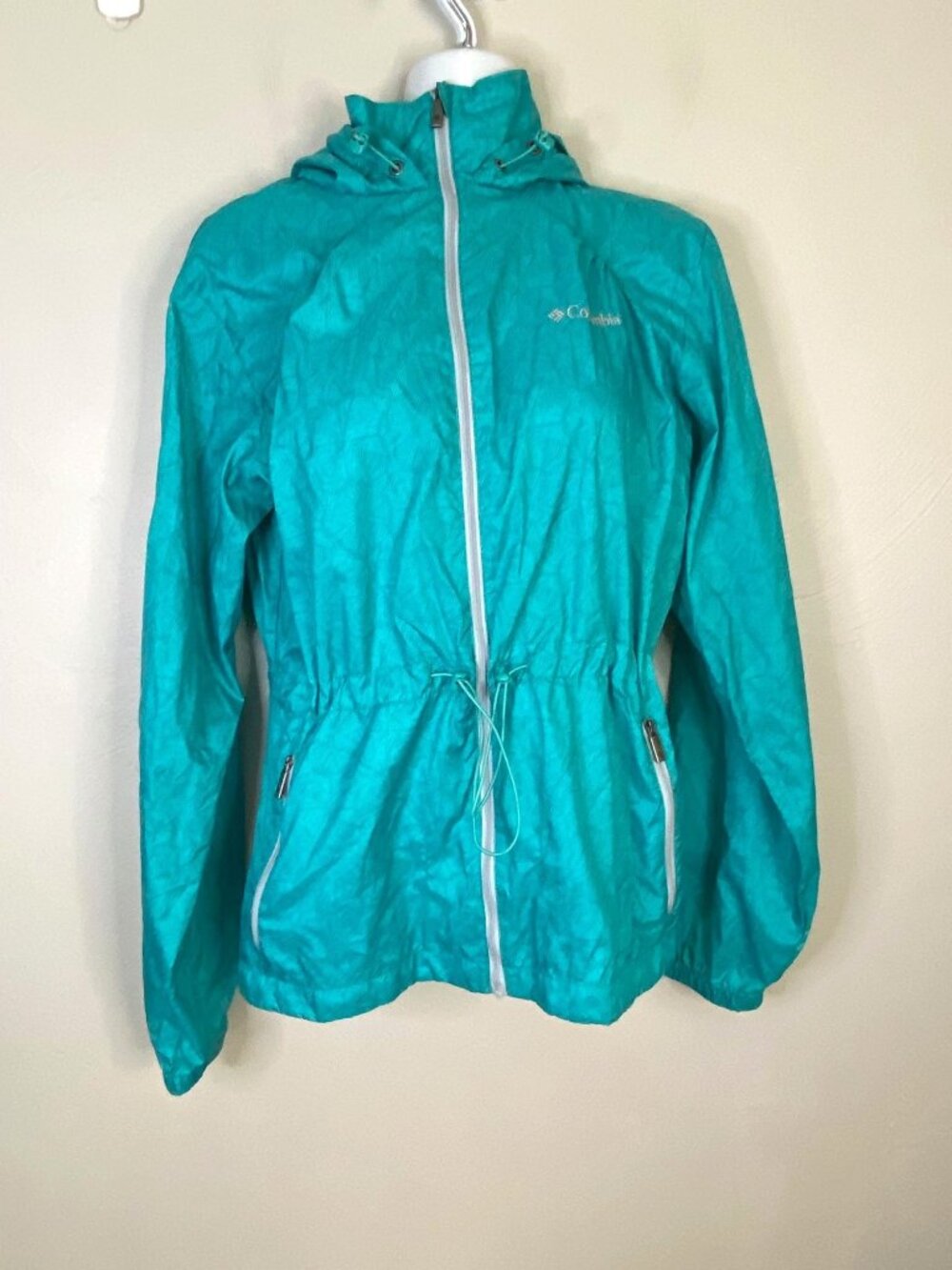 Columbia Women M Windbreaker Blue Teal Hoodie Full Zip Outdoors Hiking Soft
